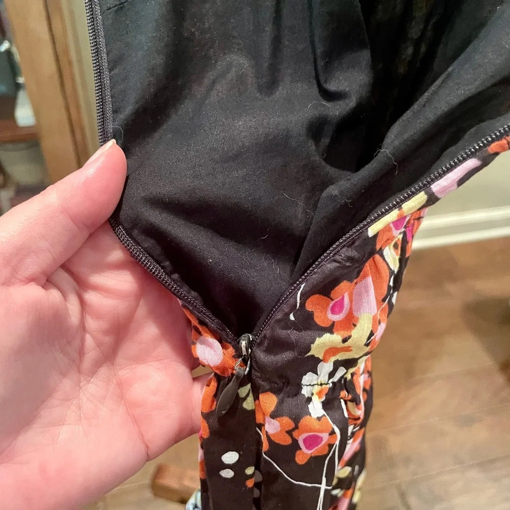 GAP strappy stretch floral midi cotton sun dress lined  SZ 8 black orange pink - Picture 6 of 10